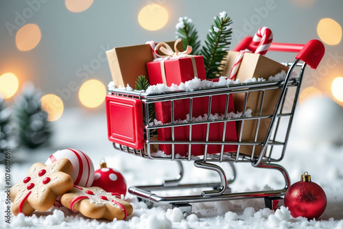 A Christmas shopping cart filled with festive gift boxes photo