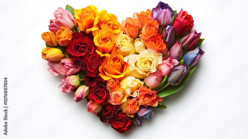 Vibrant Heart of Rainbow-Colored Flowers on White Background Vibrant Heart of Rainbow-Colored Flowers on White Background