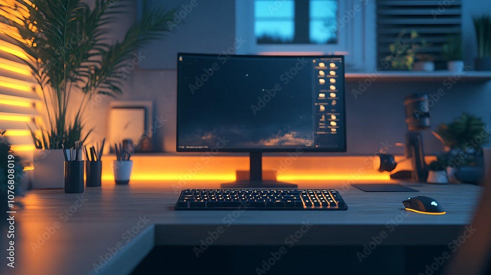 Elegant and tidy workspace with keyboard and mouse placed neatly, soft lighting, minimalist decor, smooth wood texture, professional and inspiring atmosphere. --ar 16:9 Elegant and tidy workspace with keyboard and mouse placed neatly, soft lighting, minimalist decor, smooth wood texture, professional and inspiring atmosphere. --ar 16:9