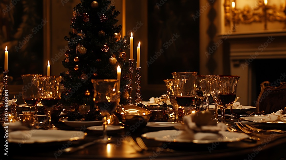 A beautifully decorated Christmas table setting in a grand dining room, featuring a small Christmas tree, lit candles, and elegant tableware. A beautifully decorated Christmas table setting in a grand dining room, featuring a small Christmas tree, lit candles, and elegant tableware.