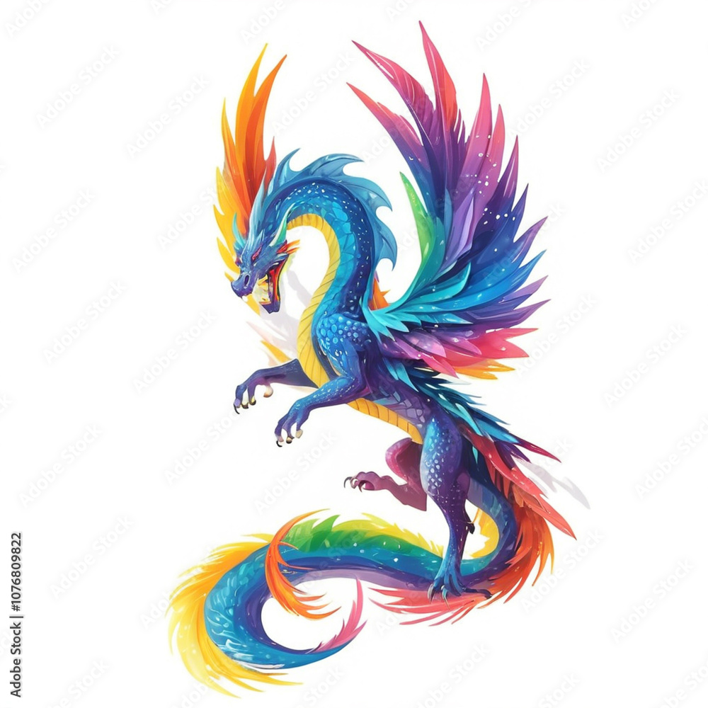 Obraz premium Blue dragon with rainbow wings and tail. 