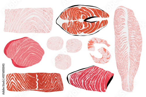 Seafood products. Fresh fish shellfish products for restaurant menu, cartoon salmon trout tuna shrimp scallop codfish ingredients. Vector set