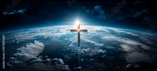 Jesus Cross over planet earth orbit. Christianity religion faith worship spirituality concept. Generative video AI technology. photo