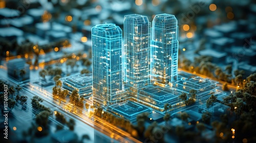 Engineers employing digital twin technology and AI systems to design and construct futuristic buildings with precision