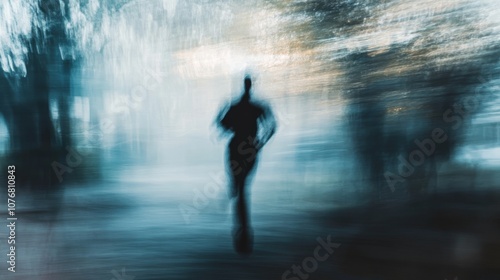 A blurry image of a person running in the woods