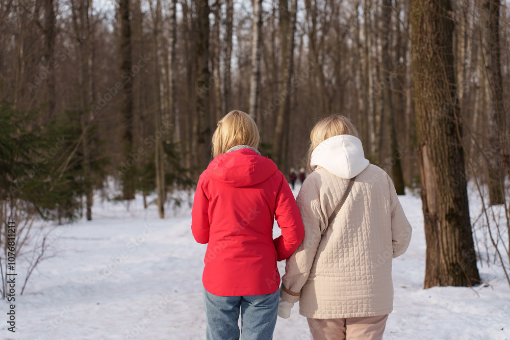 Two women walking together on a snowy path surrounded by bare trees in a winter forest, seen from behind. Two women walking together on a snowy path surrounded by bare trees in a winter forest, seen from behind.