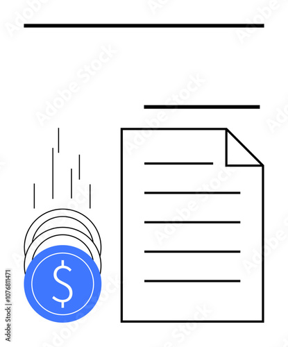 Coins falling next to a document with lines, symbolizing financial transactions and paperwork. Ideal for finance, investments, budgeting, accounting, contracts, savings reports. Line metaphor