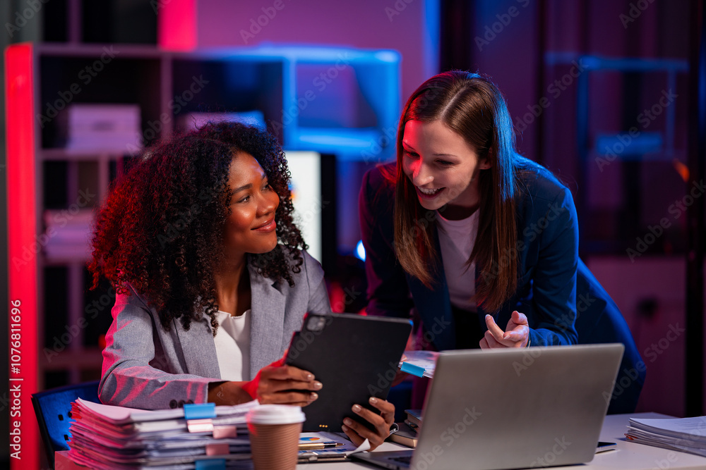 Professional woman or manager with digital technology Happy reports and proposals, teamwork and tablets for night research Financial market data analysis results Professional woman or manager with digital technology Happy reports and proposals, teamwork and tablets for night research Financial market data analysis results