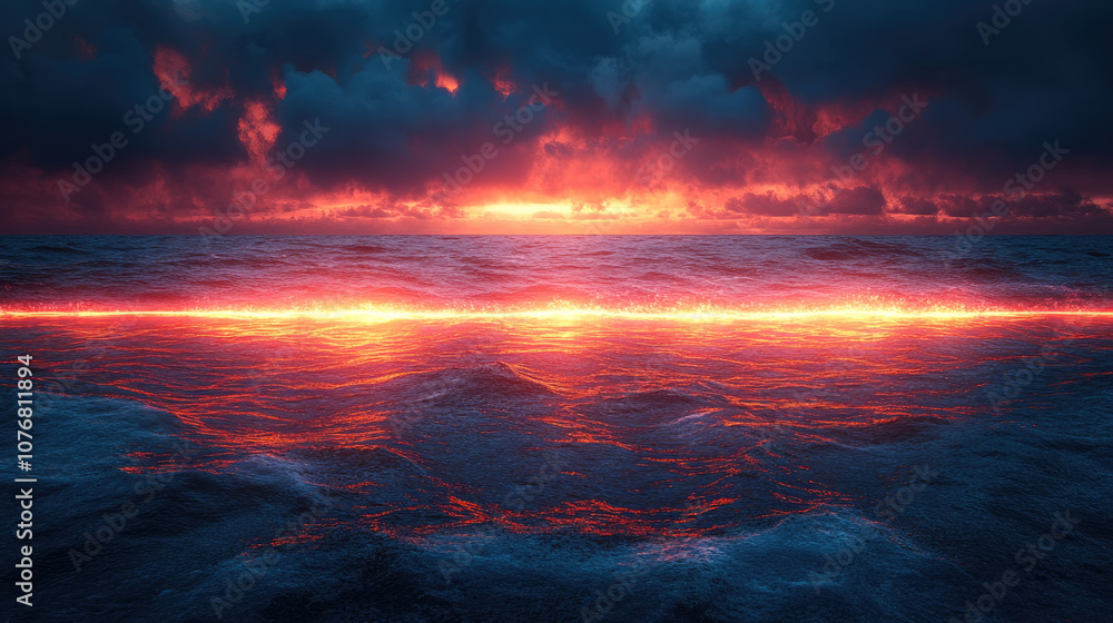 As the sun sets, spectacular colors reflect off the ocean, creating a striking contrast with dark clouds above the shimmering water As the sun sets, spectacular colors reflect off the ocean, creating a striking contrast with dark clouds above the shimmering water