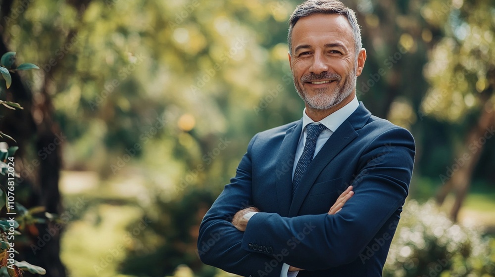 Confident businessman in navy suit stands with arms crossed in lush garden setting, exuding success and experience with a warm smile and silver hair. Confident businessman in navy suit stands with arms crossed in lush garden setting, exuding success and experience with a warm smile and silver hair.