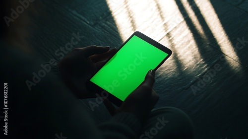 Close-up of mobile phone with green screen being used in a low-light environment, with dramatic shadows