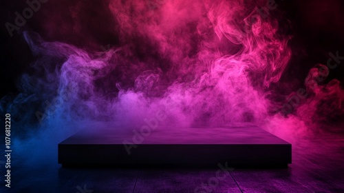 Mystical platform surrounded by swirling neon smoke: vibrant pink and blue hues create an ethereal atmosphere, perfect for product display or futuristic concept art.