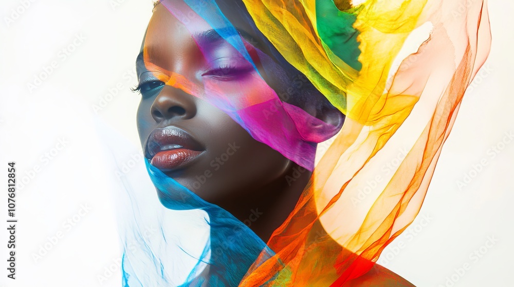 Obraz premium Vibrant Portrait of a Woman with Colorful Fabric Veil