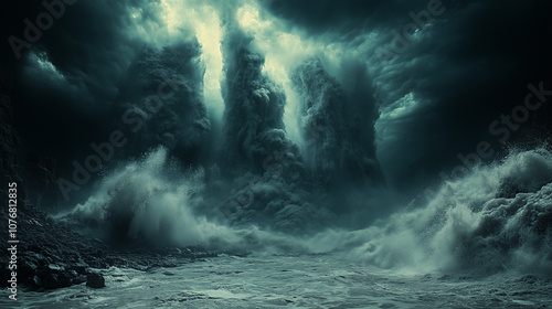 Stormy Seas: A dramatic, moody seascape with towering waves crashing against the jagged cliffs, creating a sense of raw power and impending danger.