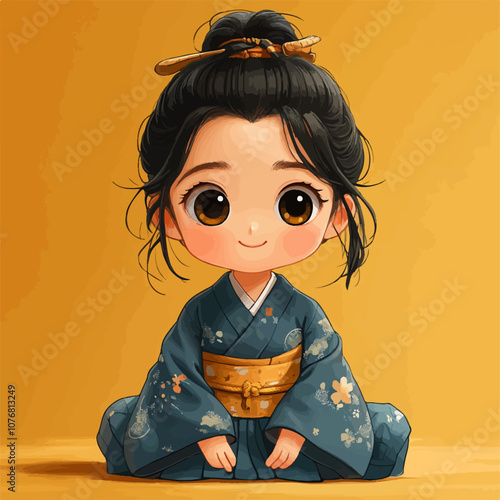  A charming chibi-style illustration of a young girl in a traditional Japanese kimono, sitting politely with a gentle smile