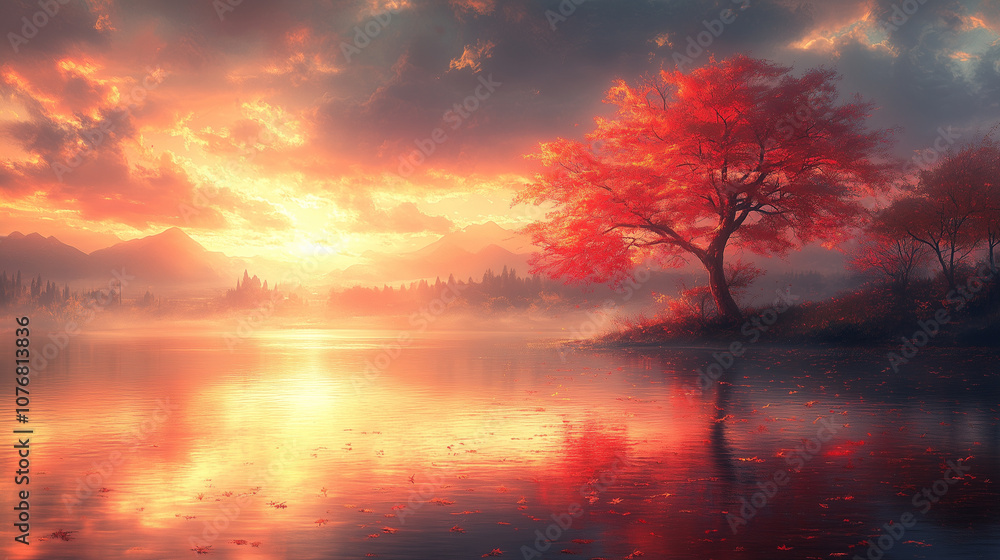 Obraz premium Fiery Sunset, Serene Lake: A solitary red tree stands sentinel by a tranquil lake, mirroring the fiery hues of a breathtaking sunset. Nature's masterpiece in autumnal splendor. 