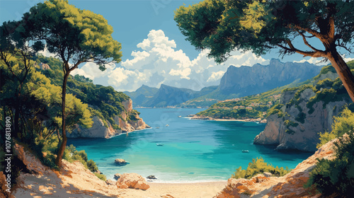 A stunning coastal landscape featuring a secluded turquoise bay framed by rocky cliffs and lush greenery. Tall pine trees arch over the scene, adding depth to this Mediterranean paradise