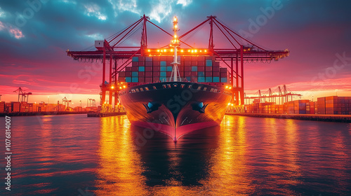 Container Ship at Golden Hour: Majestic cargo vessel at sunset, illuminated against vibrant sky, reflecting in calm waters, surrounded by industrial port cranes. photo