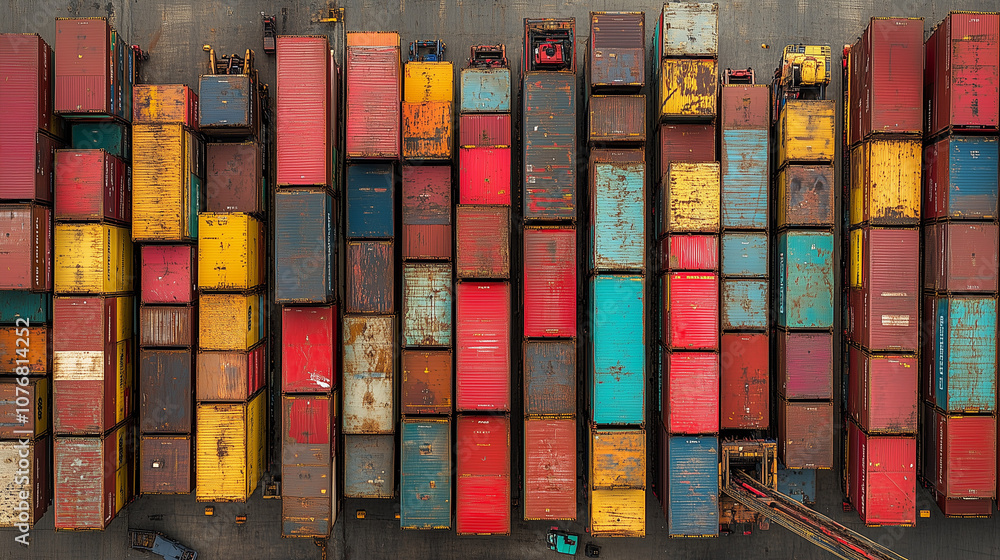 Fototapeta premium Colorful Cargo Containers: A vibrant aerial view of stacked shipping containers in a bustling port, showcasing a kaleidoscope of colors and textures.