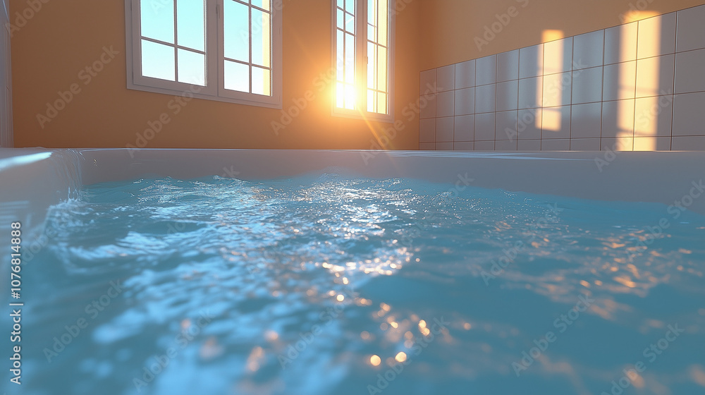 Fototapeta premium Sunset Serenity: A serene scene of a shimmering jacuzzi, bathed in the warm glow of a setting sun, invites relaxation and tranquility, perfect for spa, wellness, and home decor. 