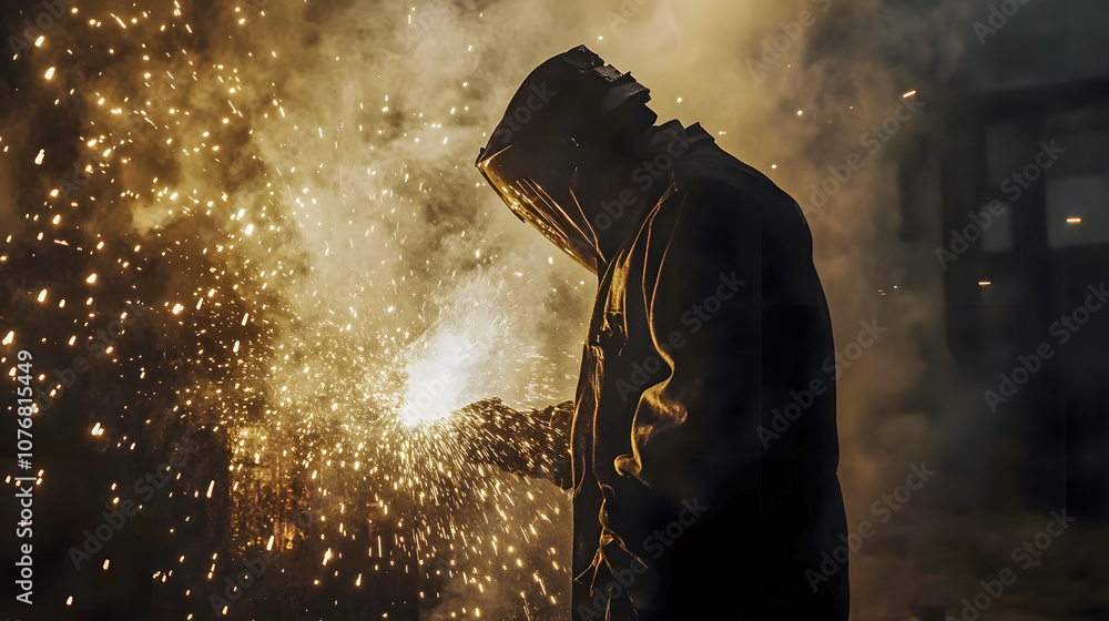 Fototapeta premium Sparks Flying High: A Silhouette of a Welder in Protective Gear Creating a Bright Firework Display with Intense Orange Sparks Against a Dark Background