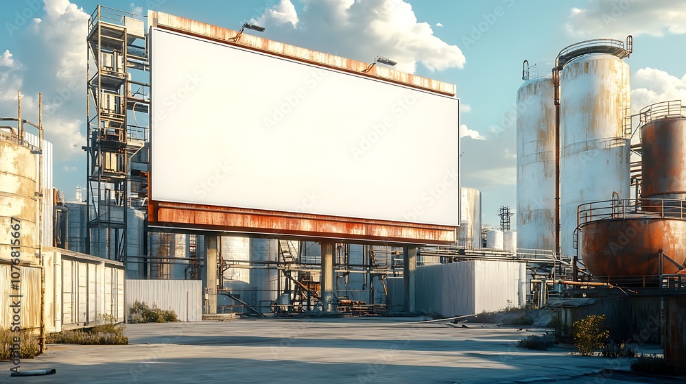 Blank billboard mockup standing tall in an industrial zone with storage tanks and pipes visible Blank billboard mockup standing tall in an industrial zone with storage tanks and pipes visible