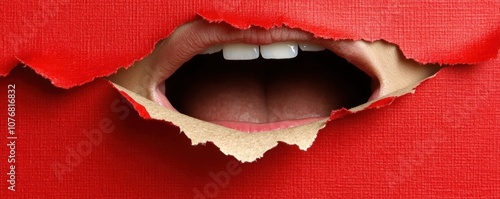 A mouth emerges from a torn red surface, creating a striking visual effect. photo