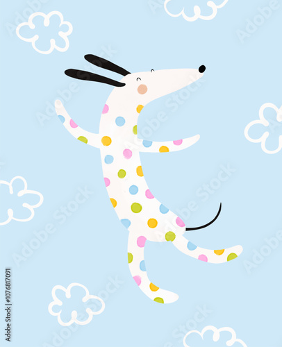 Cute Dog Flying Among Clouds. Happy Dalmatian on a Light Blue Background. Nursery Art with Funny Dog. Kids' Room Decoration. Nursery Vector Print with Dalmatian Dog With Colorful Dots on Its Fur. 