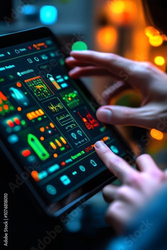 Wallpaper Mural A person interacting with a digital interface on a tablet, showcasing various controls and data. Torontodigital.ca