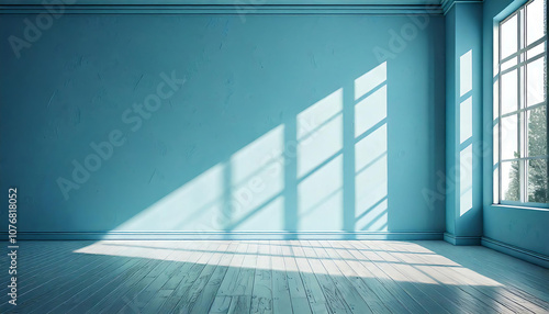 3d render of blank blue room with light and shadow of window frame, concrete wall, wooden floor. empty studio room mockup