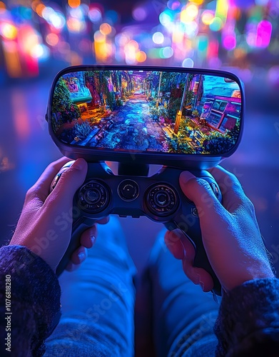 A person holds a game controller while playing a vibrant, colorful video game on a mobile screen. photo