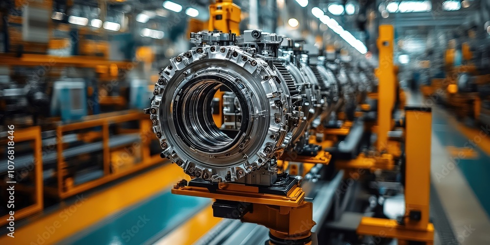 Fototapeta premium Advanced Manufacturing Process Featuring Industrial Machinery and Precision Engine Components in a Modern Production Facility