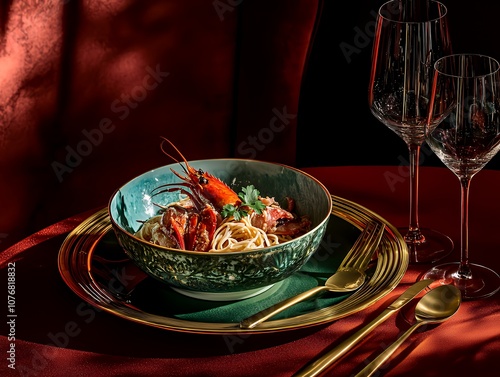 A bowl of creamy pasta with lobster and parsley, served on a green plate with gold accents and gold cutlery.