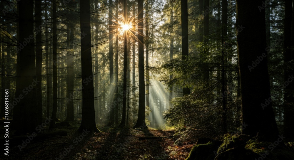 Obraz premium Sunbeams Filtering Through Forest Trees