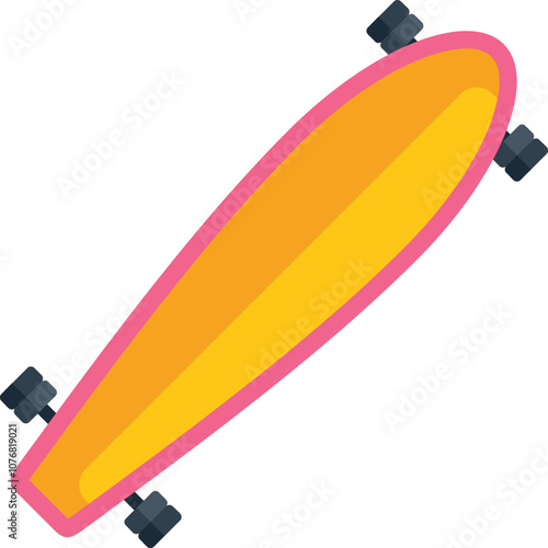 Minimalist vector illustration of a longboard skateboard with pink outline and yellow deck, standing on white background