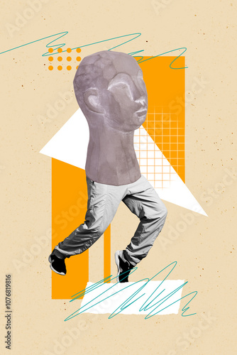 Composite trend artwork sketch image photo collage of incognito bodyless young man legs walk step moving wear stone head person sculpture