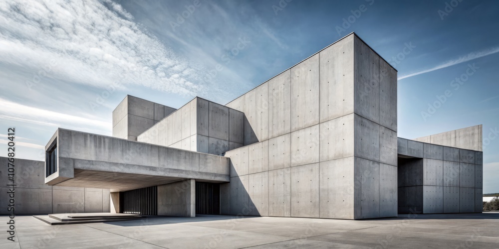 Obraz premium Minimalist Architectural Concrete Exteriors Featuring Rectilinear Volumes and Brutalist Design, Showcasing Geometric Forms with Copy Space for Textual Integration