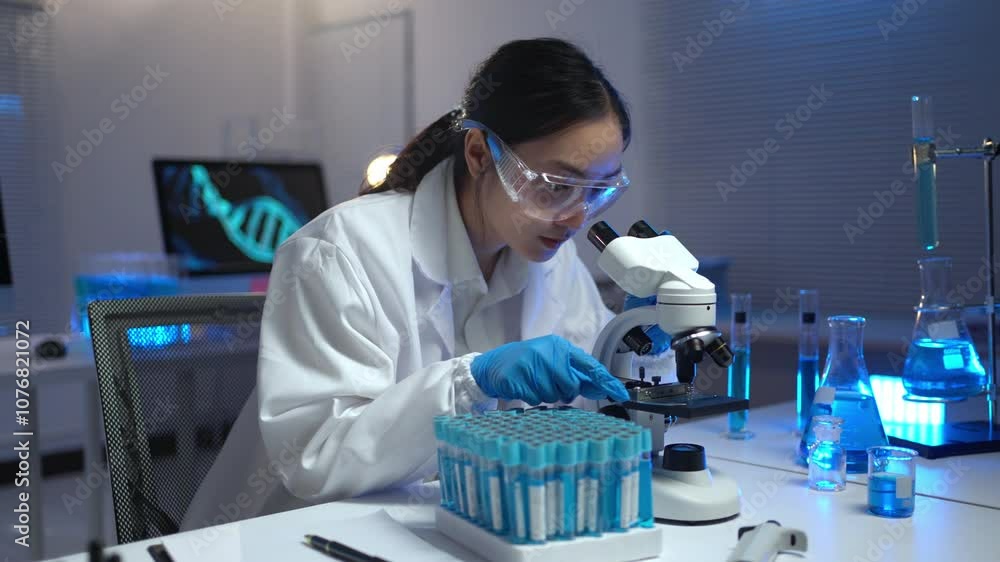 Scientist in a lab coat and safety glasses examines samples under a microscope in a laboratory setting Scientist in a lab coat and safety glasses examines samples under a microscope in a laboratory setting