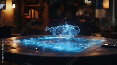 A glowing blue holographic map of a continent levitates over a glass table in a dimly lit room.