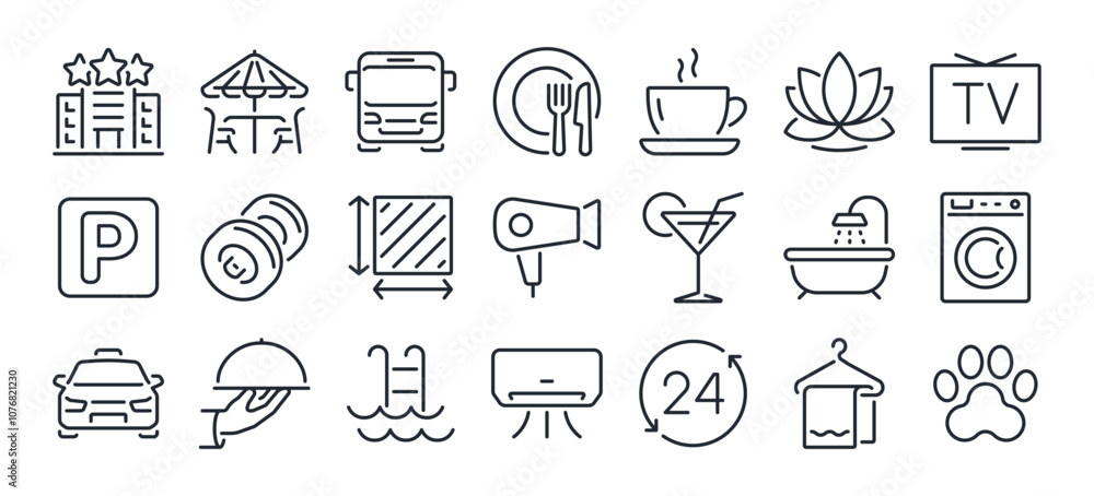 Fototapeta premium Hotel service and hospitality editable stroke outline icons set isolated on white background flat vector illustration. Pixel perfect. 64 x 64.