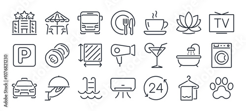 Hotel service and hospitality editable stroke outline icons set isolated on white background flat vector illustration. Pixel perfect. 64 x 64.