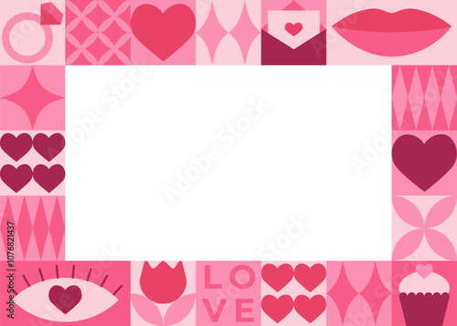 Valentine's day frame with pink elements and geometric shapes. Template for Valentine holiday design