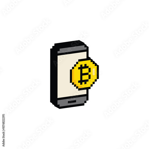 isometric pixel Bitcoin sign with mobile phone icon. Cryptocurrency symbol. cryptocurrency icon. pixel art blockchain-based secure cryptocurrency. sign for 8 bit game