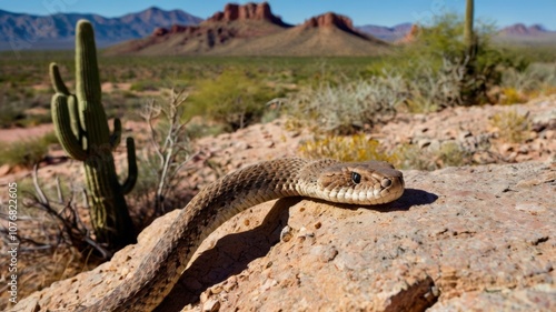 Rattlesnake Coiled in Desert Landscape with Cacti and Rocks in Background
 photo