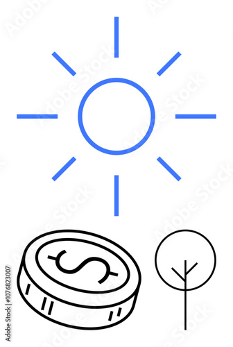 Sun with rays, dollar coin, and tree. Ideal for sustainability, energy, economic growth, finance, environmental health renewable resources and ecology themes. Line metaphor