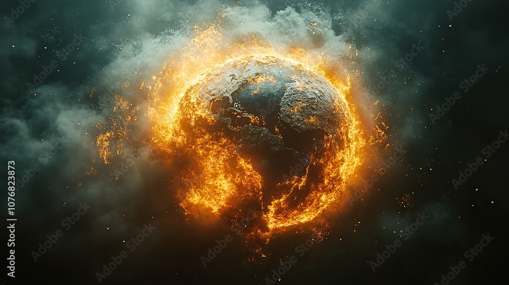 A burning planet earth symbolizes the increasing effects of global warming and climate change on our planet A burning planet earth symbolizes the increasing effects of global warming and climate change on our planet