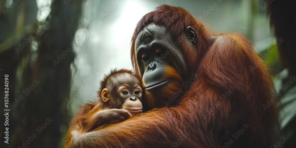 Fototapeta premium A tender moment between an adult orangutan and its baby in a lush, green jungle. The image captures the warmth of their bond and the beauty of wildlife. Perfect for nature and animal lovers. AI