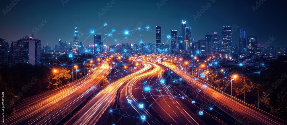 A futuristic cityscape with glowing lights and connected networks. A futuristic cityscape with glowing lights and connected networks.