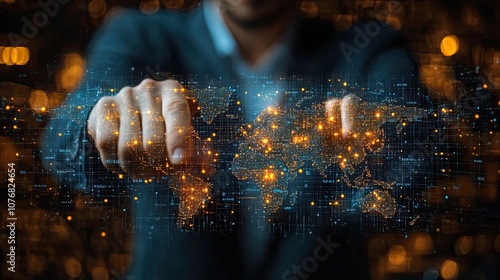 A businessman points at cubes changing from regional to global, highlighting a shift in focus