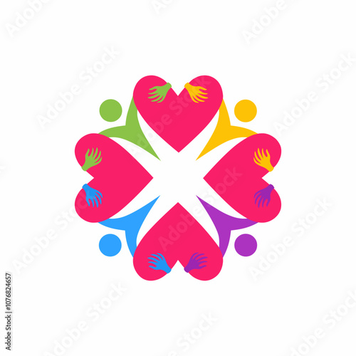Illustration depicting hearts and hands intertwined in a circular pattern. This vector design symbolizes unity, diversity, love and community. Ideal for teamwork and social relationships concepts.